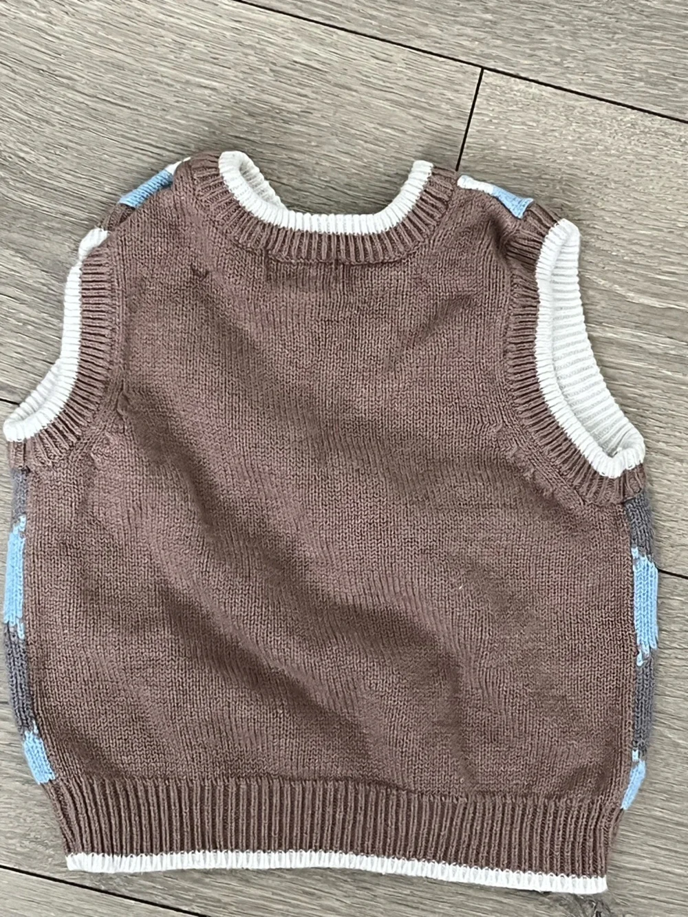 Place Brown Sleeveless Knit Vest with White Trim and Light Blue Accents